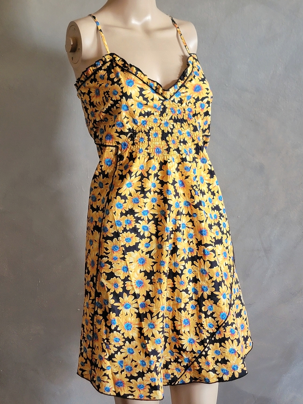 Topshop Yellow Floral Smocked Mini Dress with Blue Floral Details Size 12